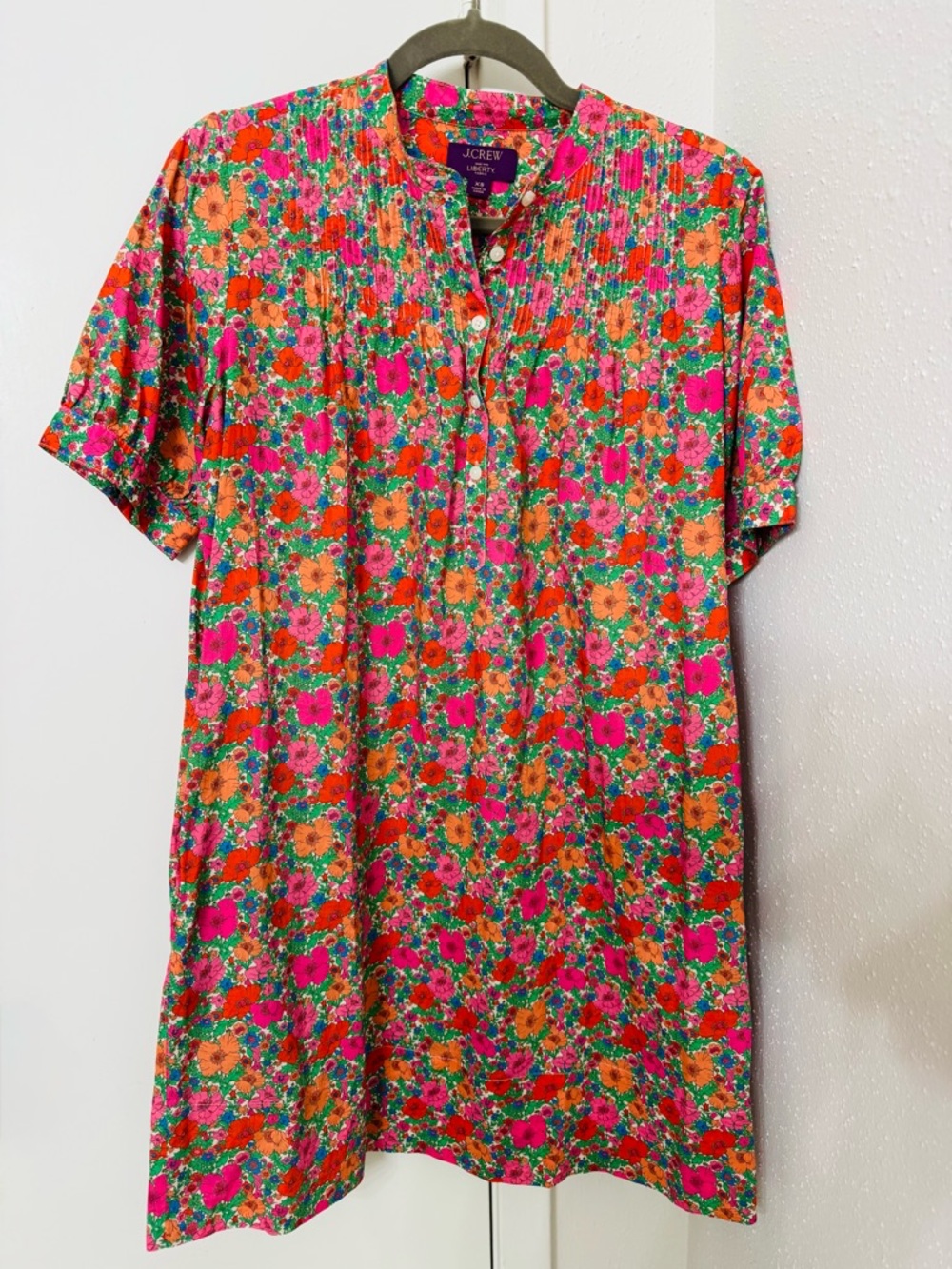 Women's JCrew Liberty Pink Floral Short-Sleeve w/Pockets Mini Shirtdress Size XS